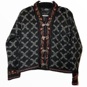 Icelandic Design Sweater Full Zip 100% Wool Aztec Floral Black Embellished Small
